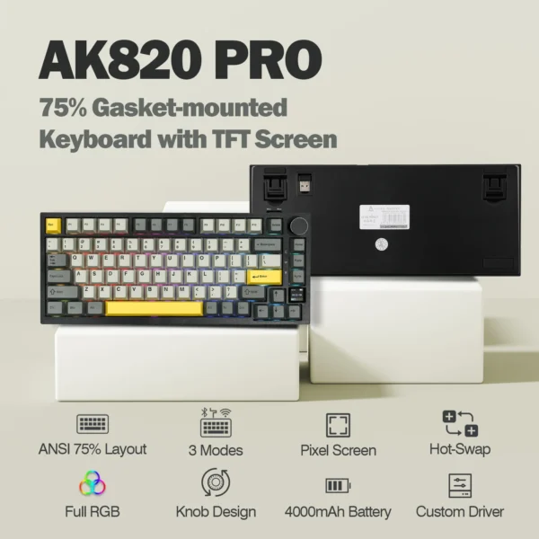 S184fff9254a547b9af86dd195321e4aaX.webp Ajazz AK820 Pro 75% Gasket-mounted Bluetooth 5.1/2.4G Wireless/Wired Mechanical Keyboard with TFT Screen for Mac/Win