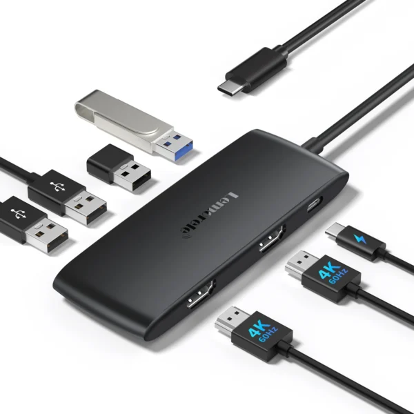 Lemorele 4K USB-C Hub 7 Ports Docking Station USB Hub Adapter USB C to Dual HDMI 4K@60Hz for Windows MacBook Air Laptop