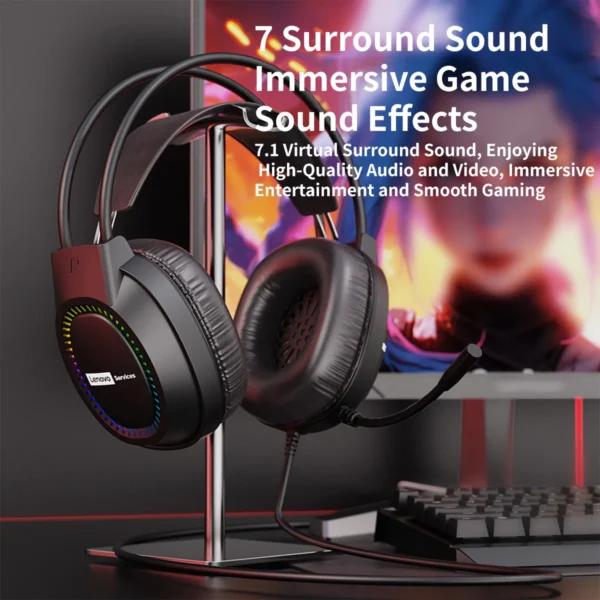 Lenovo Over-Ear Headphones with Microphone, Gaming Headphones with Rgb Lighting, Cool Lights, Suitable for Desktop Computers and Laptops